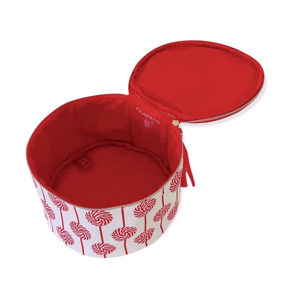 NEW Clarins Cosmetic Case — Round w/ Striped Candy Design & Red Interior NWOT - Picture 7 of 8